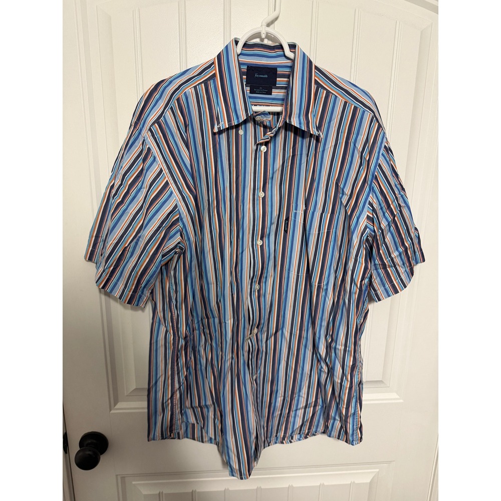 Faconnable Shirt Mens XL Short Sleeve Button Down Striped Blue Orange EUC